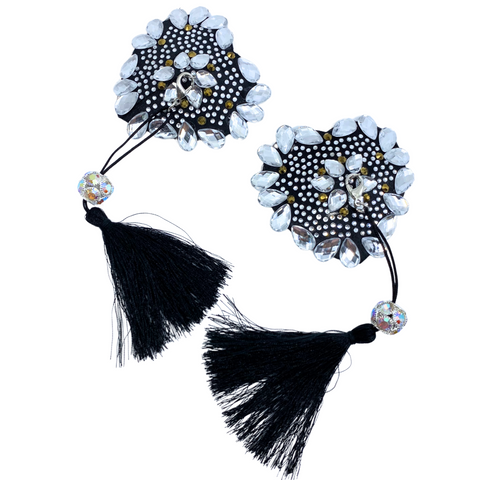 Black Heart Crystal Pasties with Detachable Black Tassels / Burlesque Pasties / Fancy Nipple Pasties  - #30340