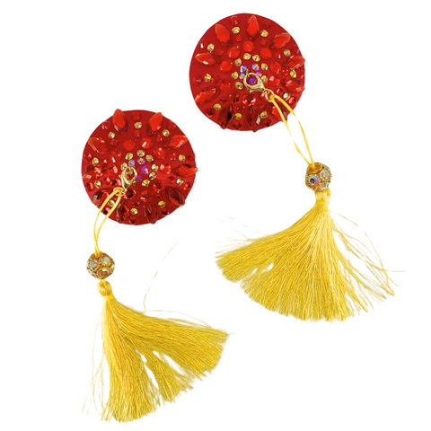 Red Beaded Pasties with Detachable Gold Tassels / Burlesque Nipple Covers / Fancy Decorative Nipple Pasties #30313