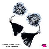 Black Heart Crystal Pasties with Detachable Black Tassels / Burlesque Pasties / Fancy Nipple Pasties  - #30340