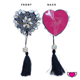 Black Heart Crystal Pasties with Detachable Black Tassels / Burlesque Pasties / Fancy Nipple Pasties  - #30340