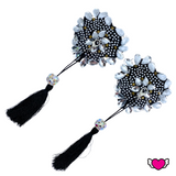 Black Heart Crystal Pasties with Detachable Black Tassels / Burlesque Pasties / Fancy Nipple Pasties  - #30340