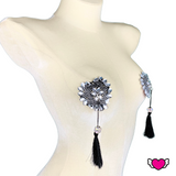 Black Heart Crystal Pasties with Detachable Black Tassels / Burlesque Pasties / Fancy Nipple Pasties  - #30340